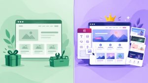 Side-by-side comparison of a basic free tutor website theme and a feature-rich paid theme with a page builder