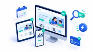 Tutor website layout shown on a phone, tablet and desktop beside SEO, speed, calendar and payment icons