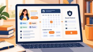 Tutor profile page with subjects, hourly rate and star rating next to a booking calendar and secure checkout