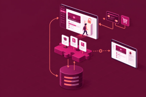 Diagram of a WordPress LMS plugin with course, lesson and quiz types, a database saving student progress, a payment gate and a REST API link